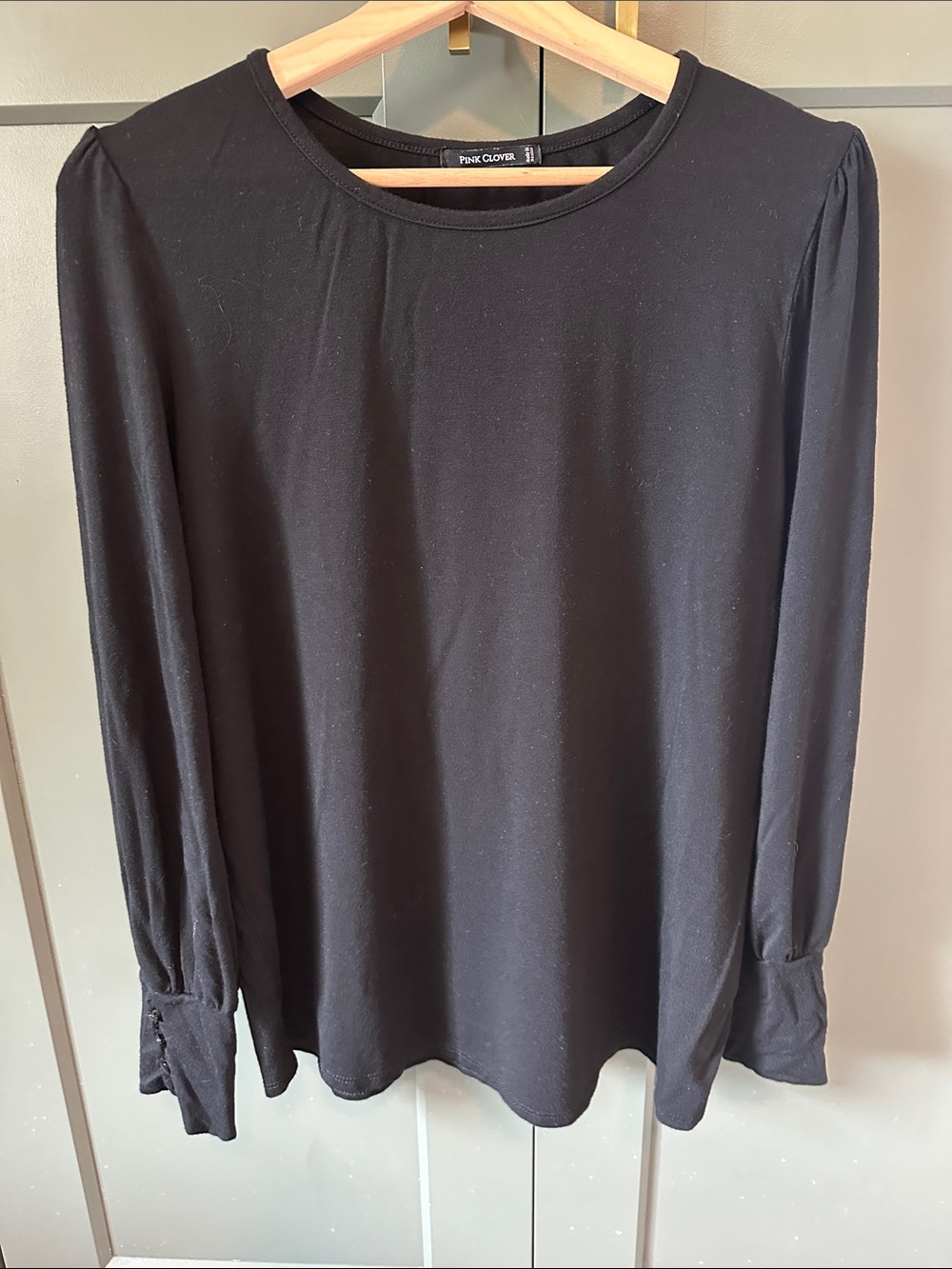 Pink Clover Black Long Sleeve Crewneck Top with Cuffed Sleeves
